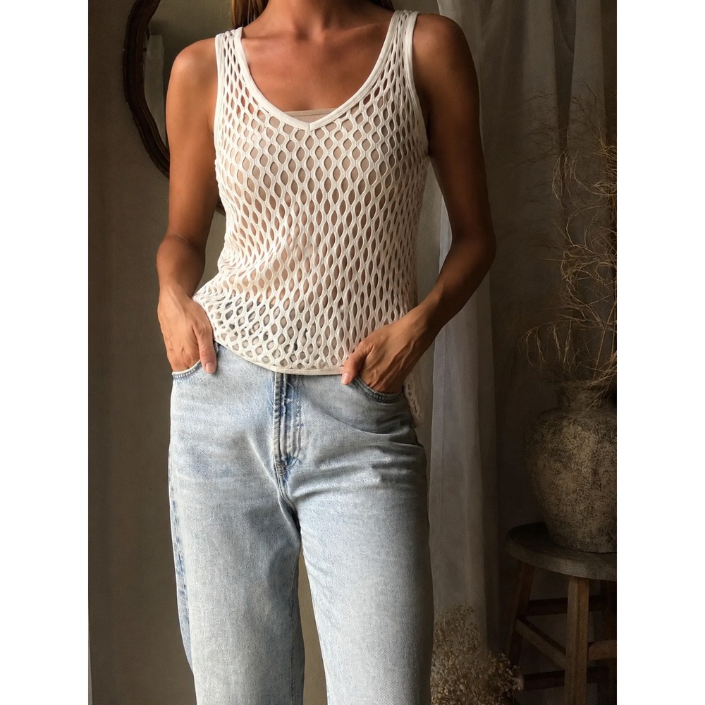 Veronique Branquinho Open Fishnet Top White Crochet Sleeveless Sz 40 M Cotton